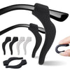 Black silicone anti-slip ear hooks for eyewear shown in various sizes and angles