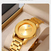 A gold-toned Skmei minimalist quartz wristwatch is displayed inside a light brown box.