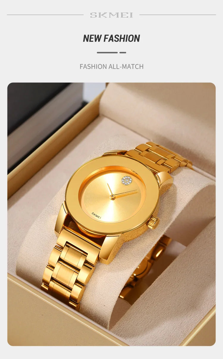A gold-toned Skmei minimalist quartz wristwatch is displayed inside a light brown box.