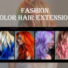 Exposition d'extensions de cheveux de mode aux couleurs vives : rouge, bleu, orange, violet et rose.