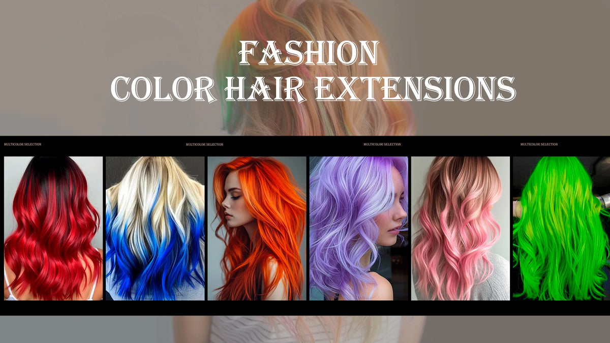 Exposition d'extensions de cheveux de mode aux couleurs vives : rouge, bleu, orange, violet et rose.