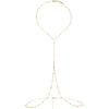 Gold adjustable belly chain body jewelry with a delicate chain and a pendant.