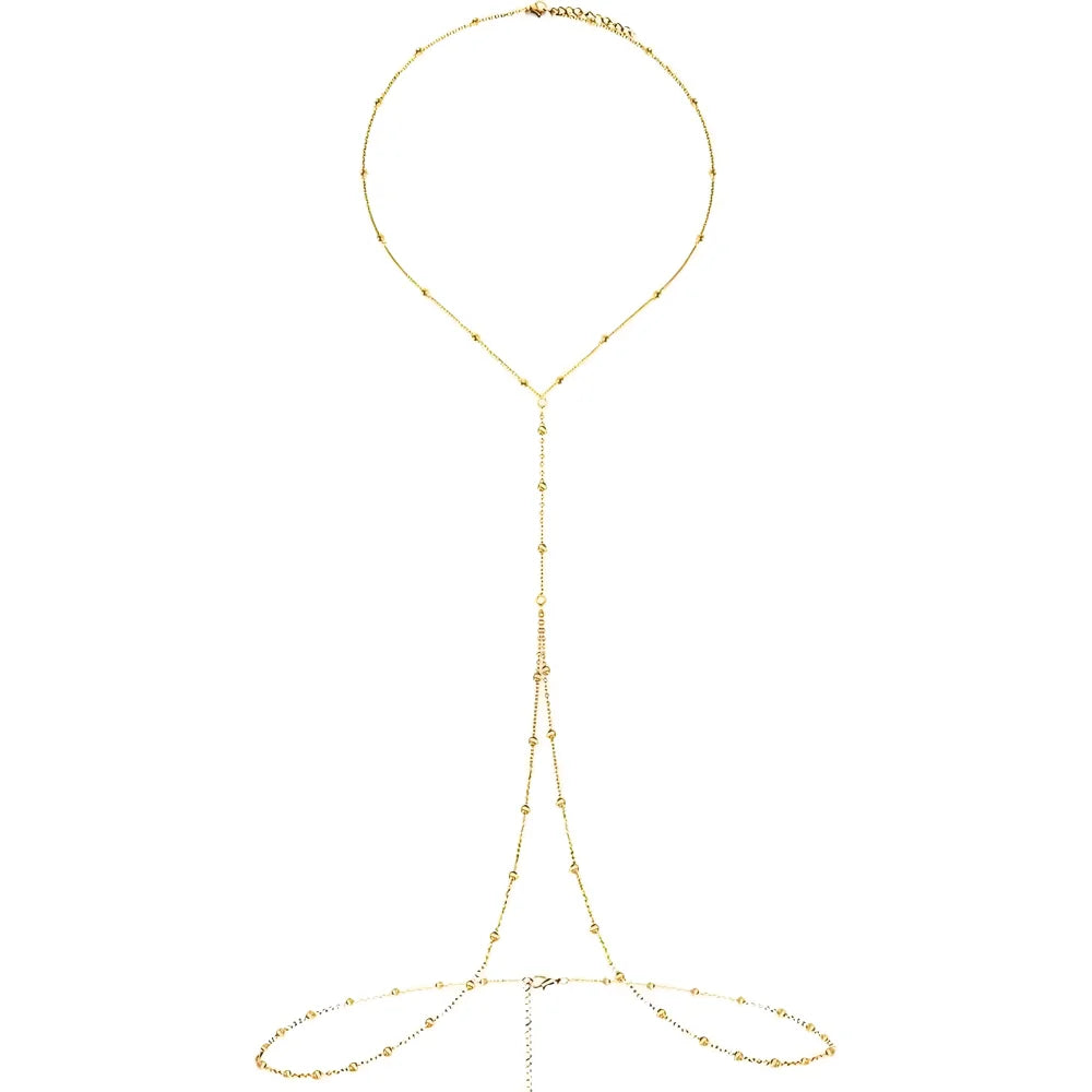 Gold adjustable belly chain body jewelry with a delicate chain and a pendant.