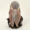 A floral embroidered lace bandana headscarf tied around a person's hair.