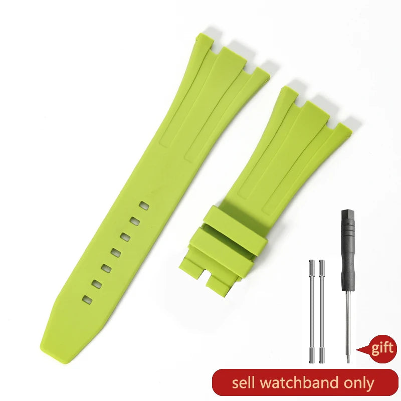 A bright lime green silicone watch band is shown next to a black watch strap and a gift tag.