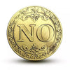 A round, antique bronze decision coin featuring the letter NO surrounded by ornate scrollwork.