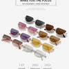 Colección de gafas de cat-eye metálicas retro en tonos marrones, rosa y dorado.