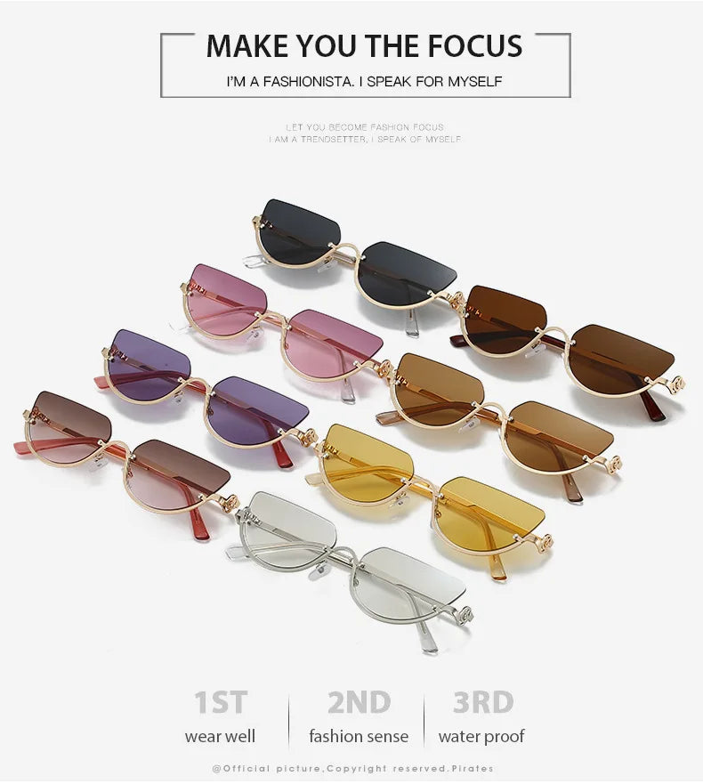 Colección de gafas de cat-eye metálicas retro en tonos marrones, rosa y dorado.