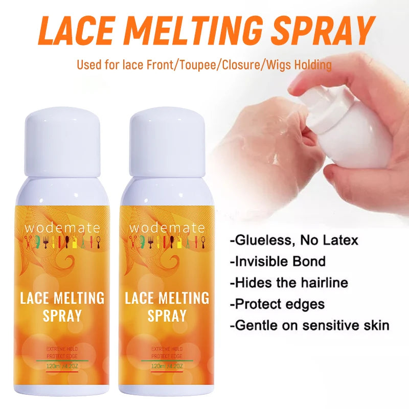 Two bottles of lace melting spray are shown next to a hand applying the product for wig holding.