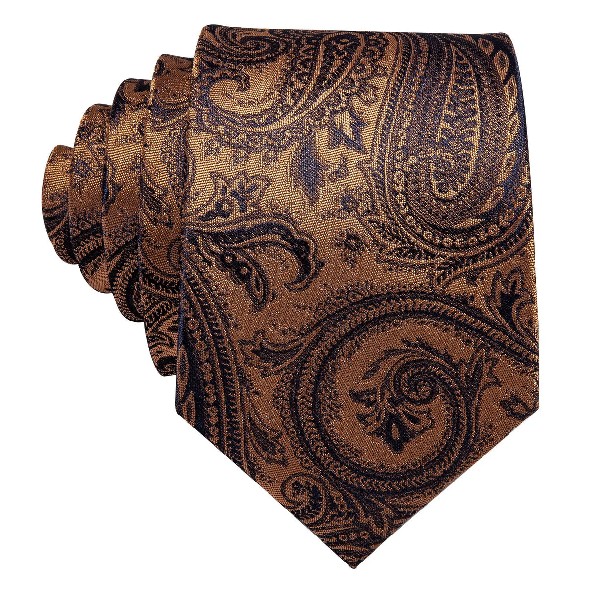 A set of four men's silk jacquard ties in a dark brown paisley pattern.