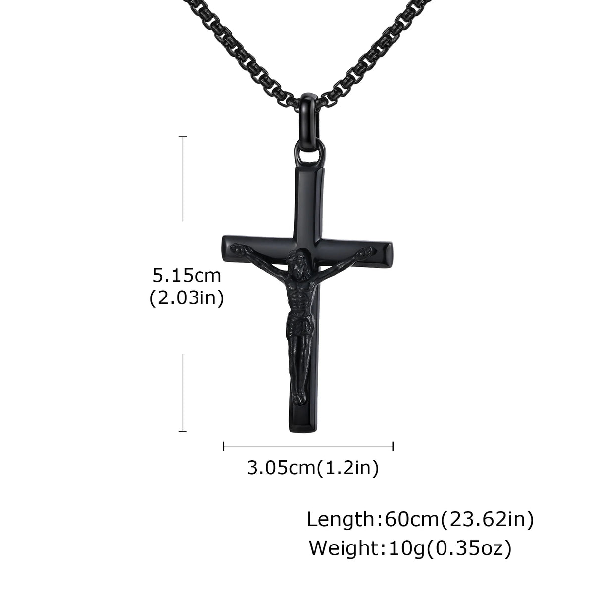 A black stainless steel cross necklace with a chain, measuring 5.15cm long and weighing 10g.