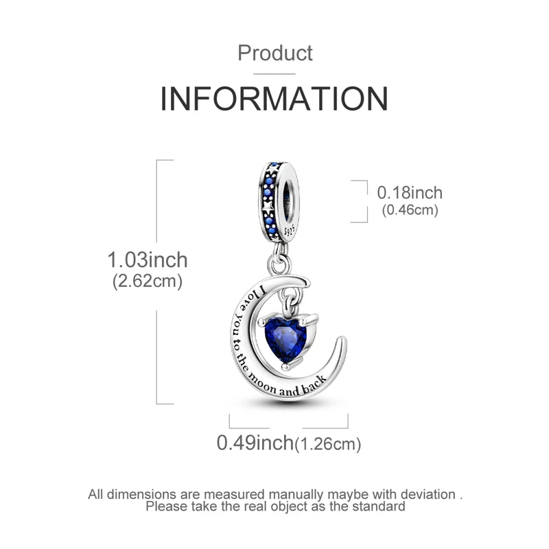 Sterling silver moon charm pendant with a crescent shape and a blue gemstone
