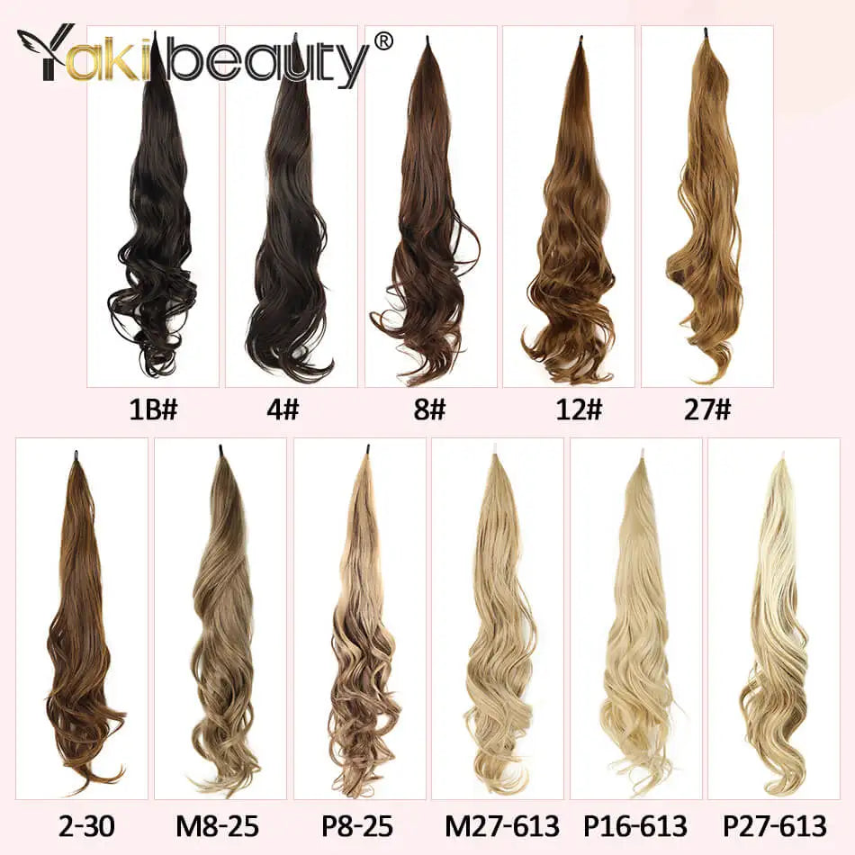A collection of dark brown and blonde hair extensions in various lengths and styles shown on a white background.