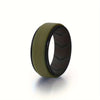 A close-up view of a dark olive green silicone wedding band on a white background.