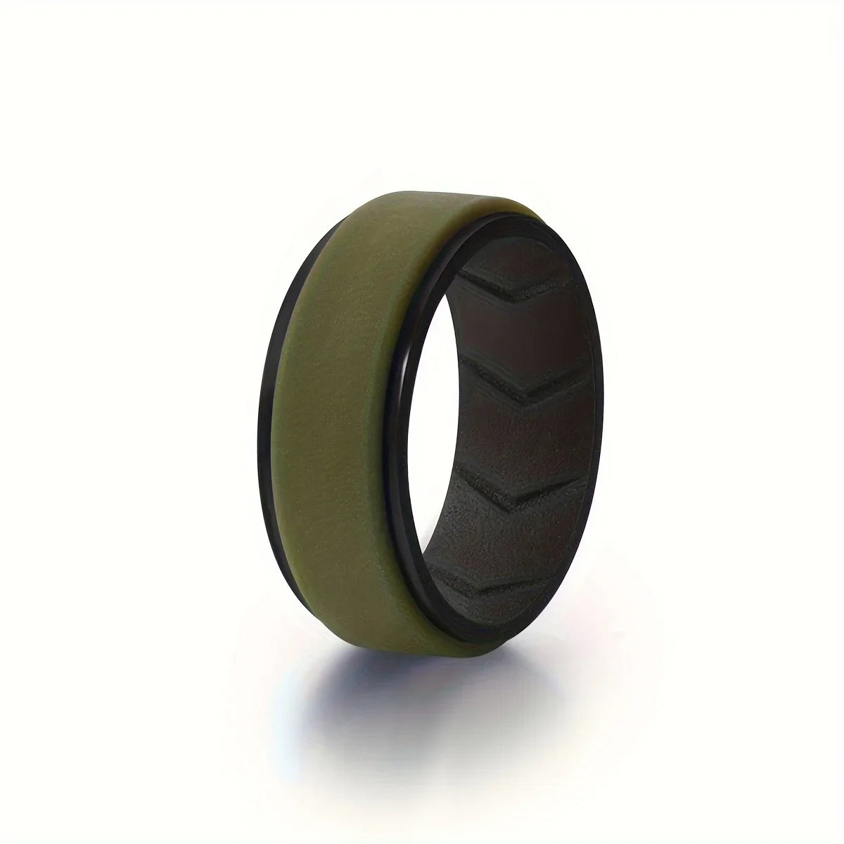 A close-up view of a dark olive green silicone wedding band on a white background.