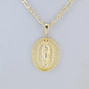 A gold plated pendant necklace featuring a detailed depiction of the Virgin Mary Christ.