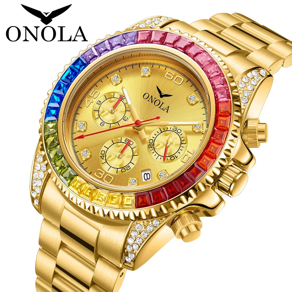 A gold quartz watch featuring a colorful bezel and diamond accents on the dial and case.