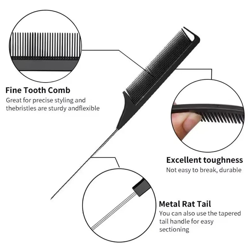 A set of black fine tooth combs and a metal rat tail handle for hair styling and sectioning.
