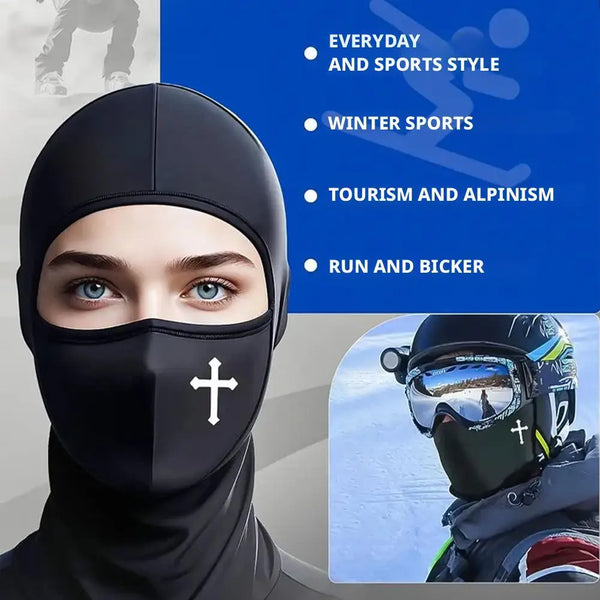 Black full face balaclava mask worn by a woman, shown alongside various sports activities.