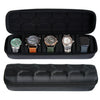 Black leather watch travel case organizer with multiple compartments for storing watches and accessories