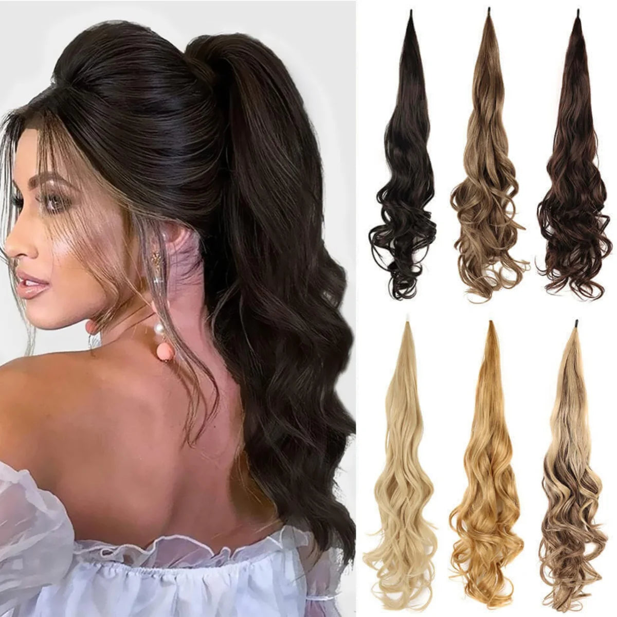 A woman shows off long, dark brown hair styled in a high ponytail with synthetic wrap around extensions.