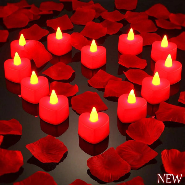 Collection de bougies votives LED rouges et sans flamme sur une surface sombre, entourées de feuilles rouges.