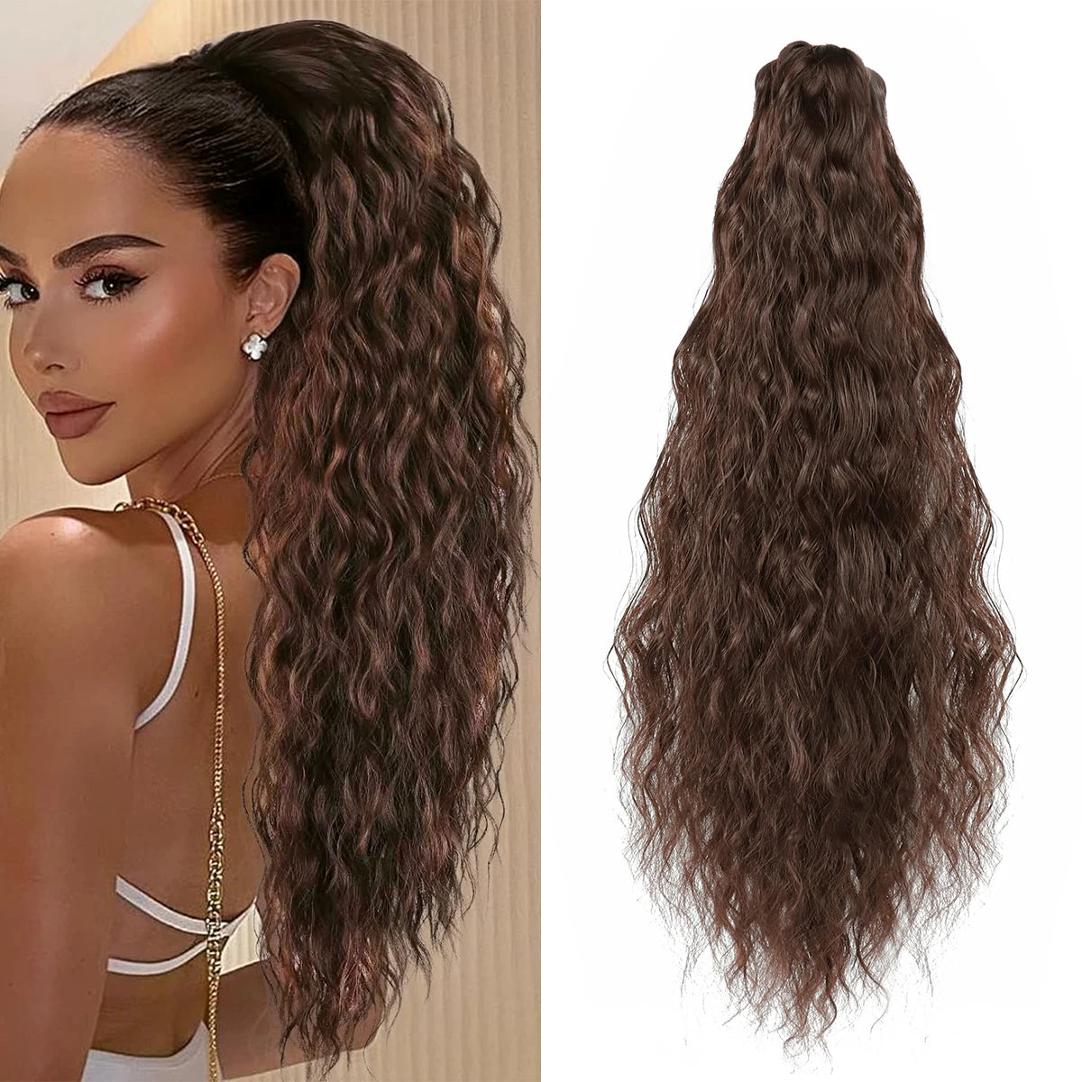 Une femme montre de longues extensions de cheveux bouclés brun foncé en queue de cheval volumineuse.