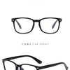 Display of black retro square eyeglasses from the front and side views.