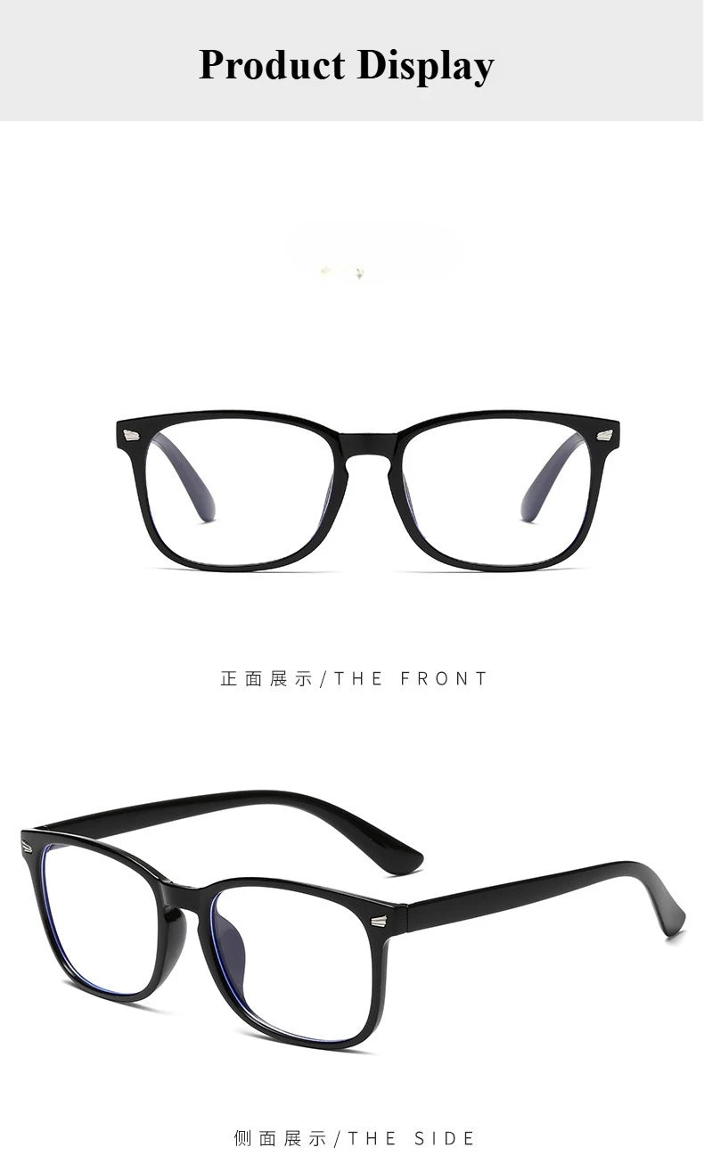 Display of black retro square eyeglasses from the front and side views.
