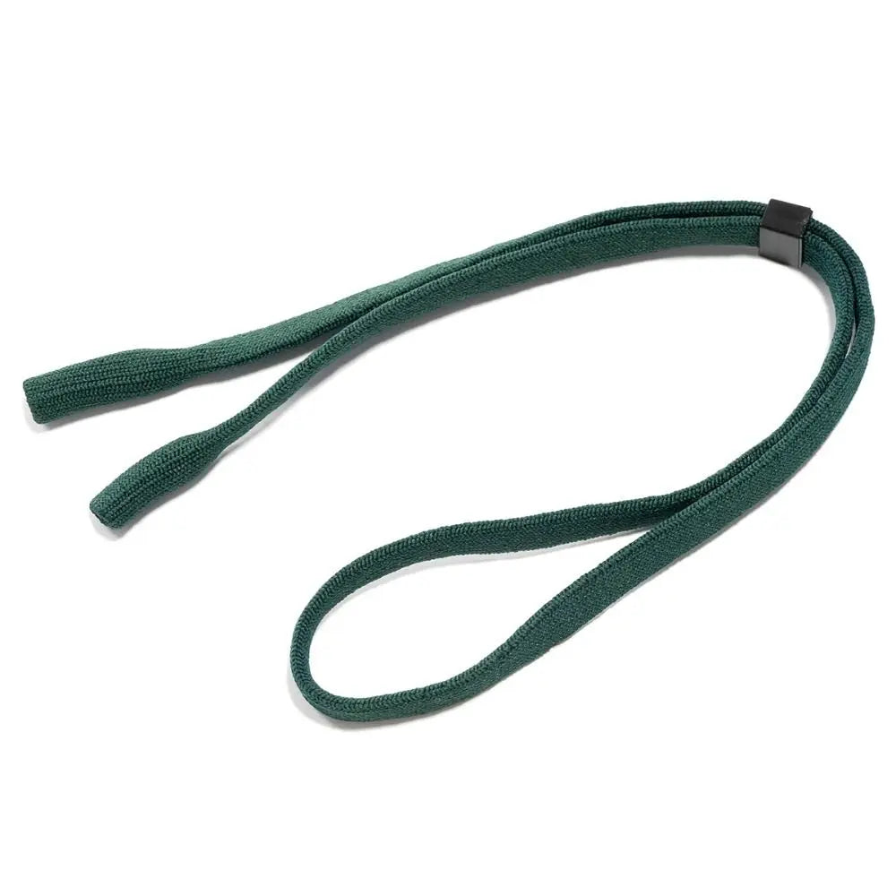 A dark green adjustable eyewear lanyard necklace with a black clasp.