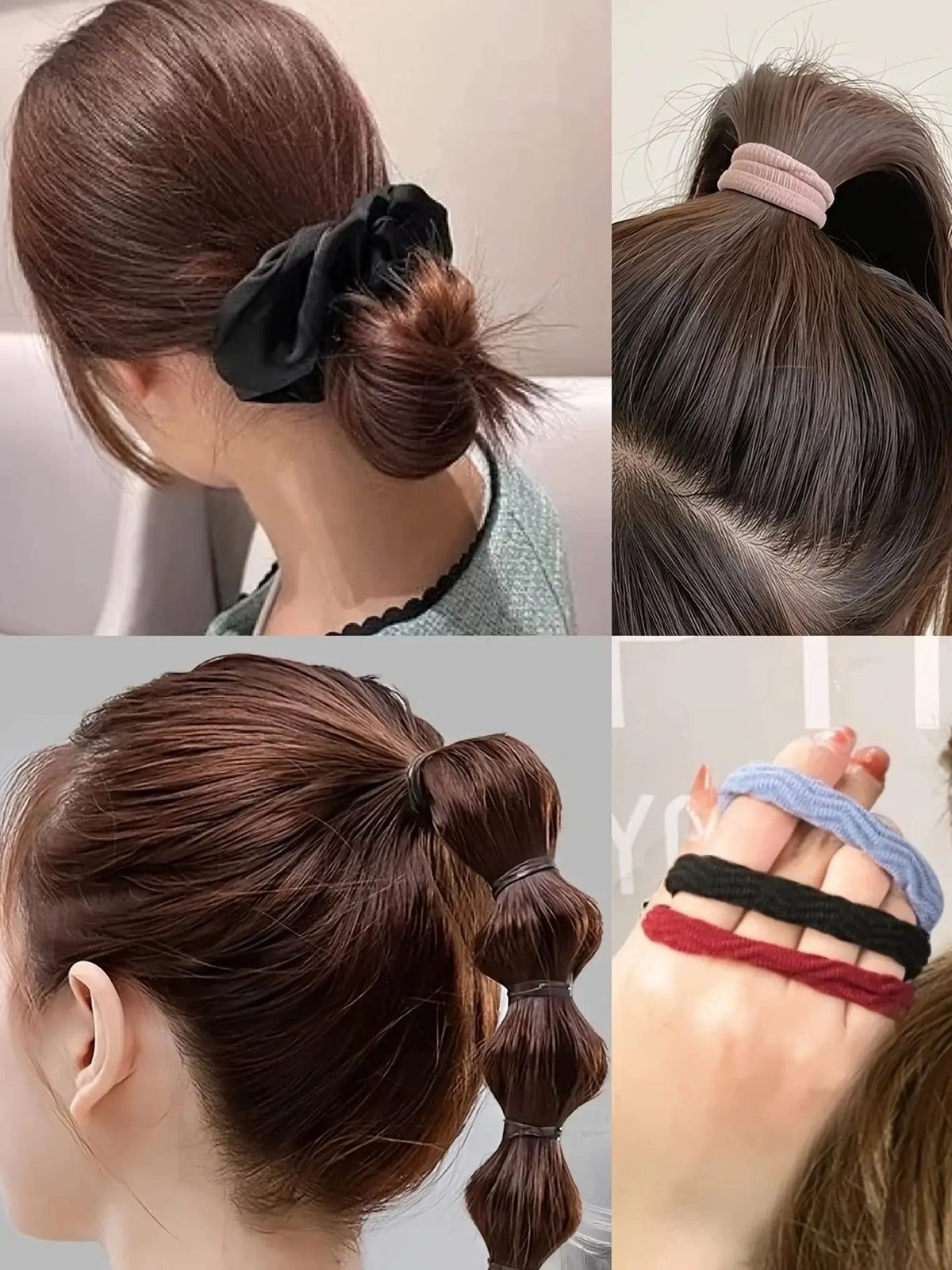 Un ensemble d'accessoires pour cheveux élastiques pour femmes, montrant des cheveux châtain foncé en différentes coiffures et