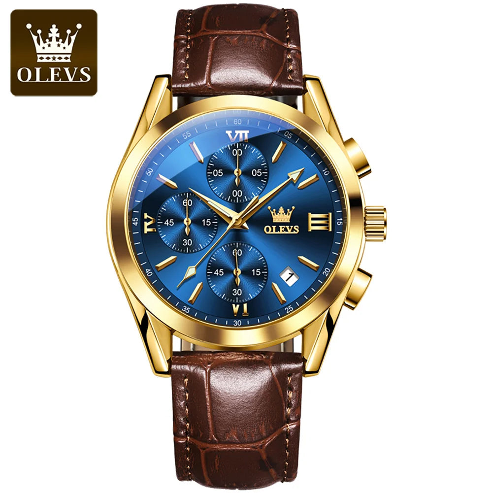 A gold-toned men's chronograph wristwatch with a blue dial and brown leather strap.