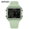 A light green digital wristwatch with a square casing and black display showing the time.