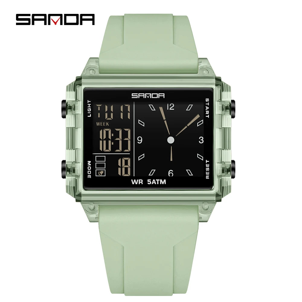 A light green digital wristwatch with a square casing and black display showing the time.