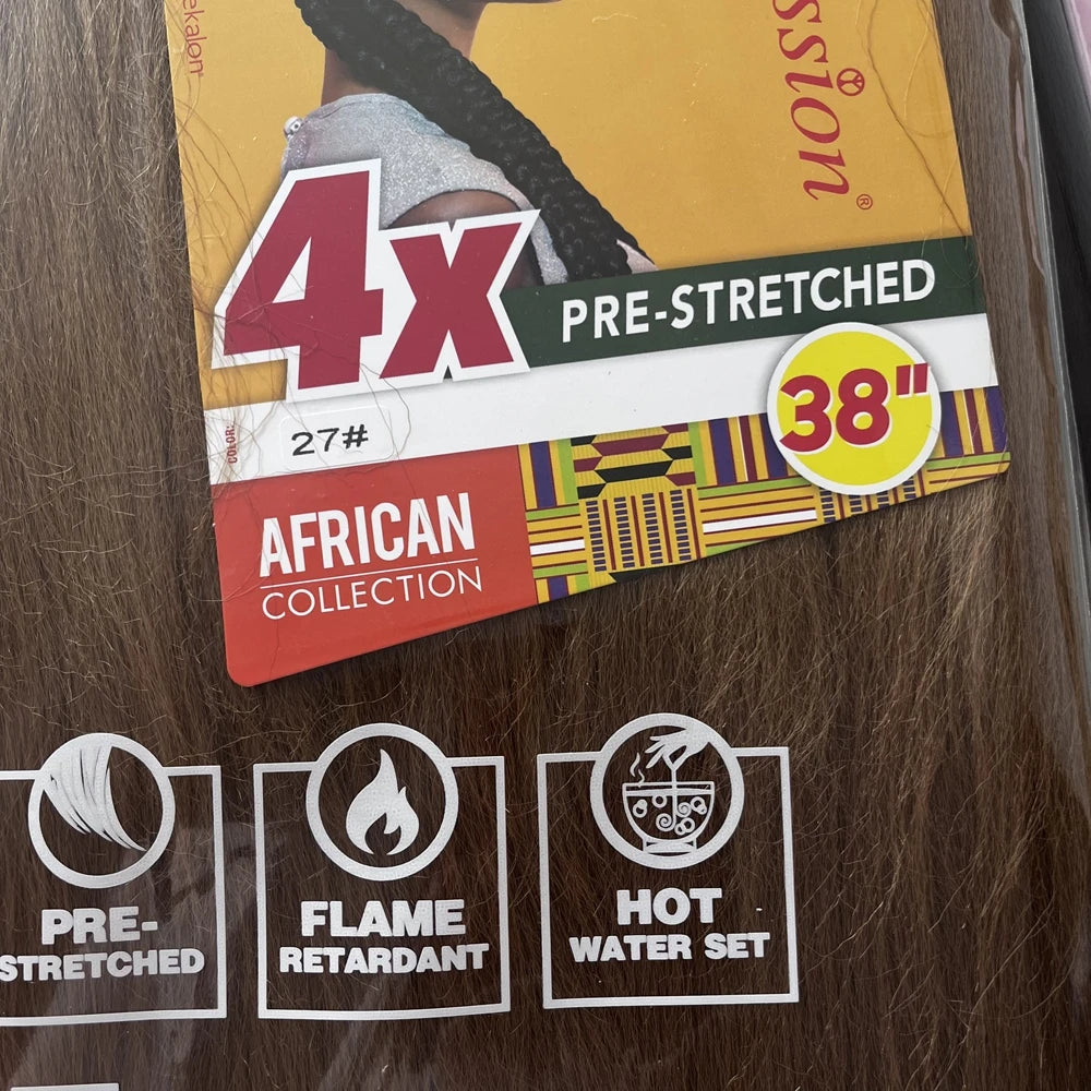 Paket mit 4x vorgespannter synthetischer afrikanischer Zopfhaar, Länge 38 Zoll und feuerhemmende Eigenschaften.