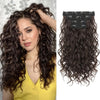 A woman models long dark brown curly hair with a black hair extension clip on the side.