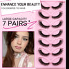 A pink plastic case holding seven pairs of black 3D faux mink cat eye eyelashes.