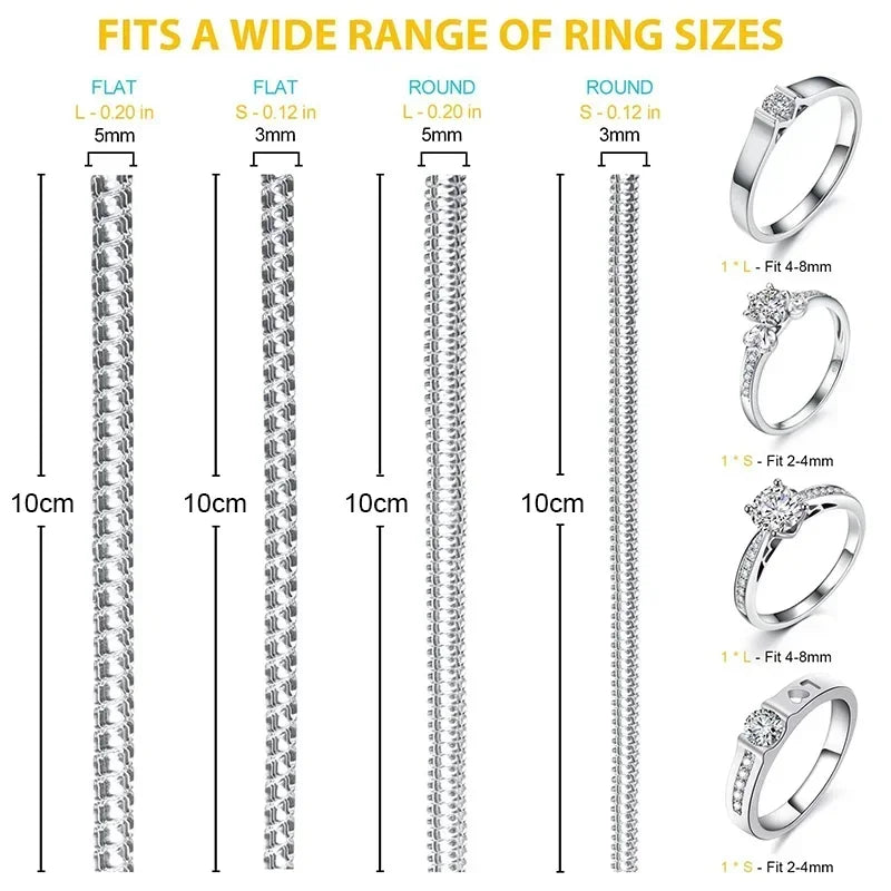 Invisible ring sizer tools set showing various flat and round ring sizes with corresponding measurements