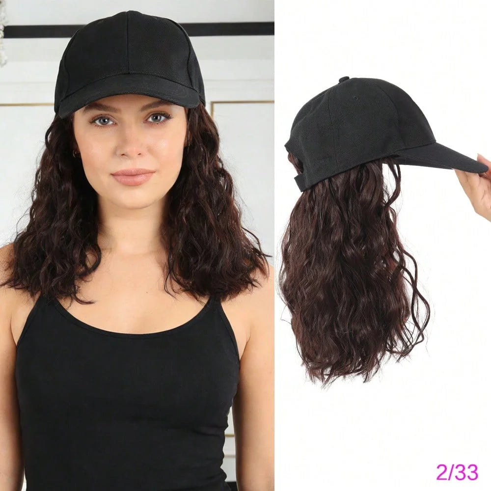 A woman models a black adjustable short wave wig cap and long dark hair.
