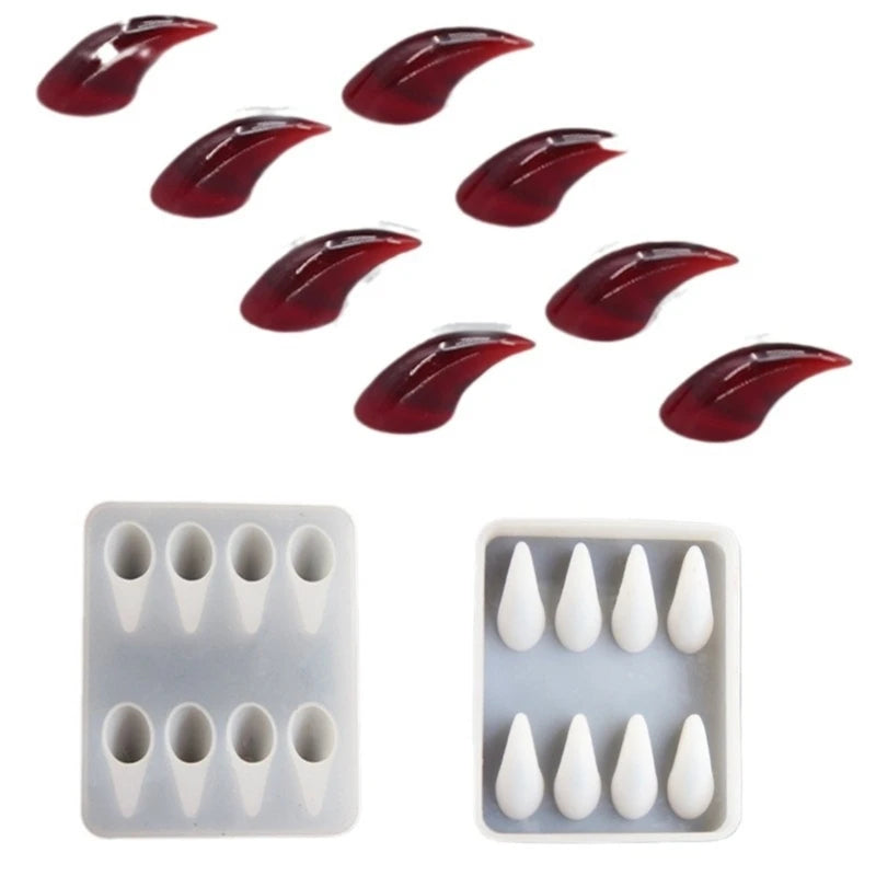 A set of silicone molds for crafting devil horns and claws, shown in various shades of red.