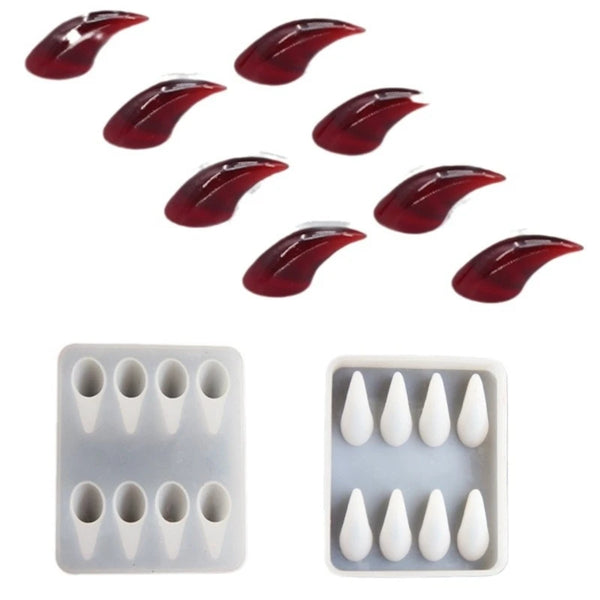 A set of silicone molds for crafting devil horns and claws, shown in various shades of red.