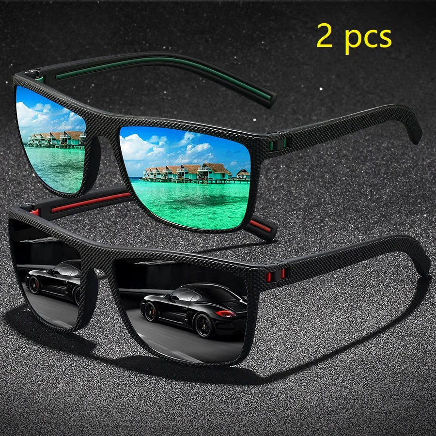A pair of vintage check pattern sunglasses shown with two different scenes: a coastal view and a car interior.