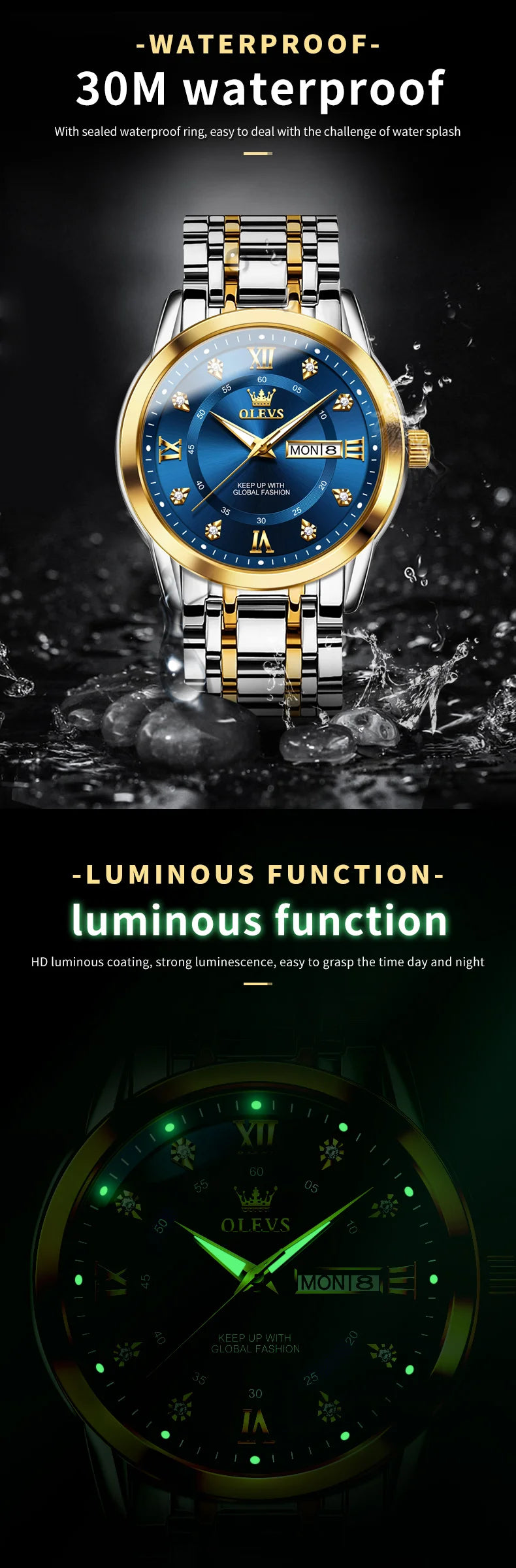 A close-up shot of a stainless steel watch with a blue dial and luminous hands, set against a dark background.