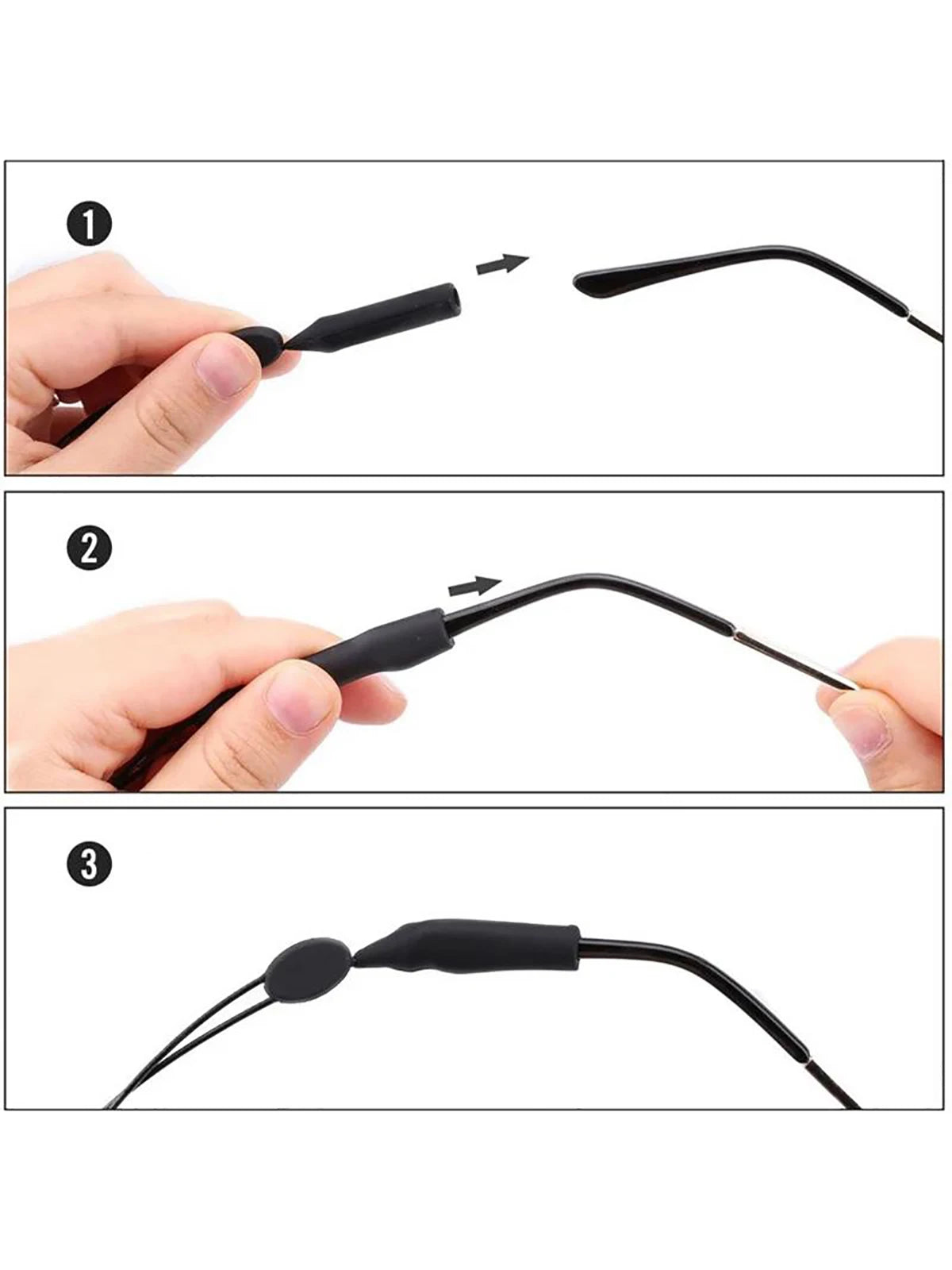 Step-by-step instructions showing how to attach and adjust an adjustable anti-slip eyeglass retainer strap.
