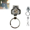 Silver letter S pendant on a keyring and belt clip.