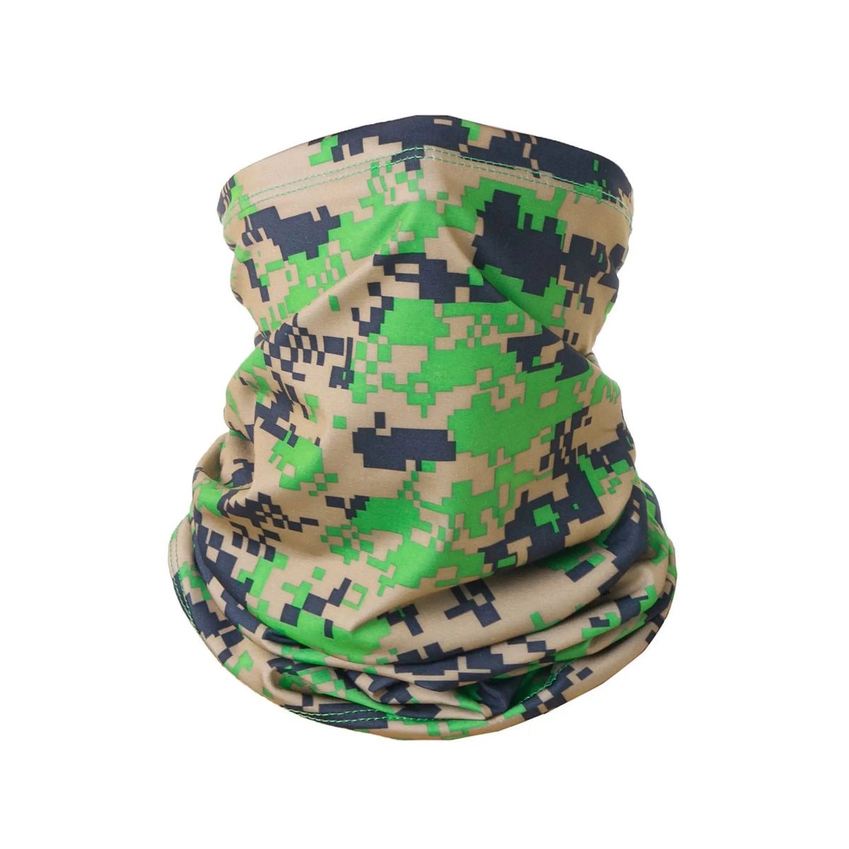 A close-up of a camouflage patterned sun protection head scarf featuring green, brown, and dark blue colors.