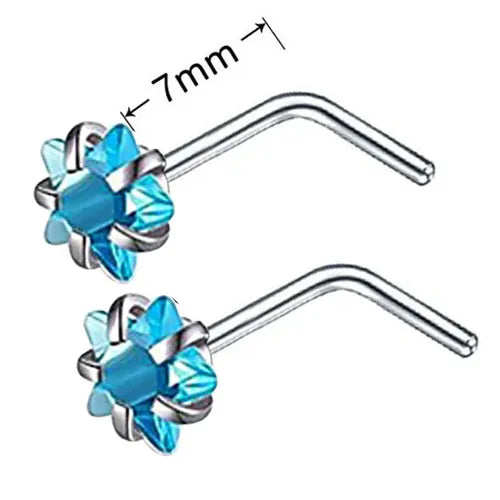 Punzones de acero inoxidable en forma de L con una gema hexagonal azul y una barra curva.