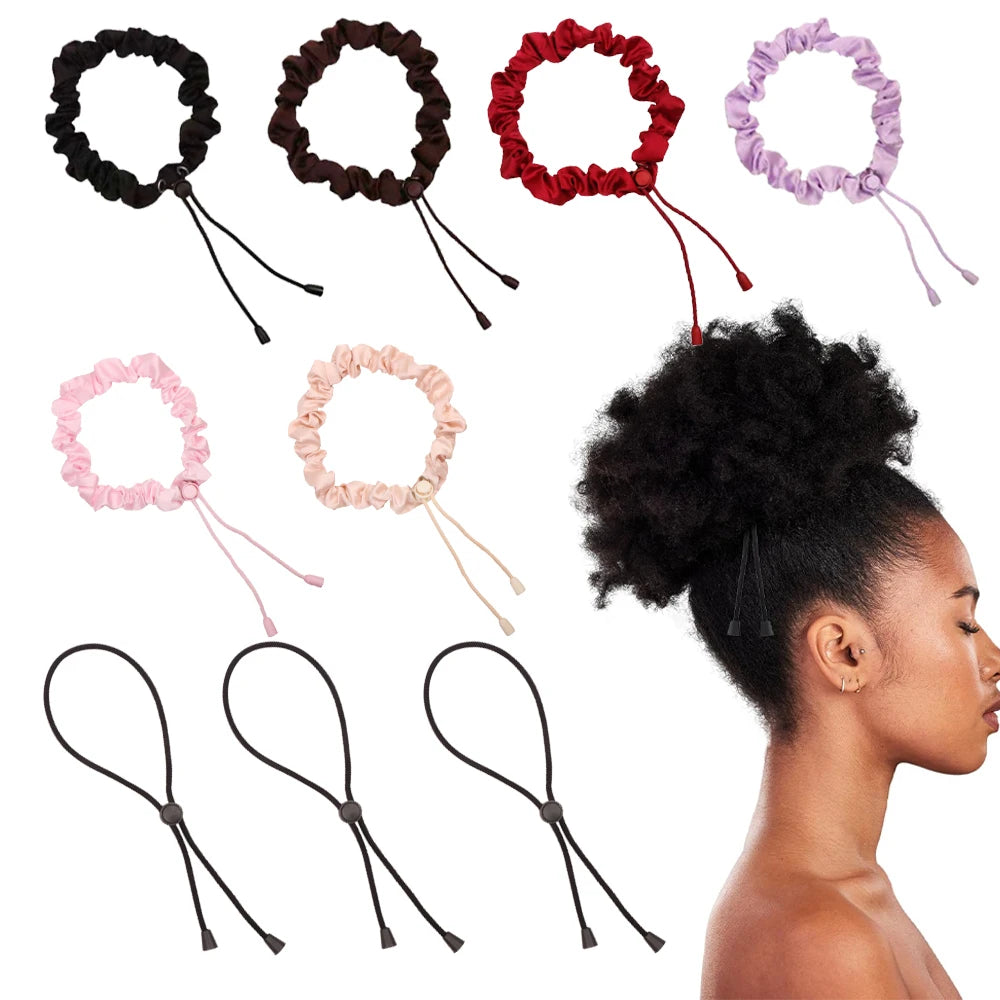 A collection of various colored satin scrunchies and hair ties displayed next to a person's head.