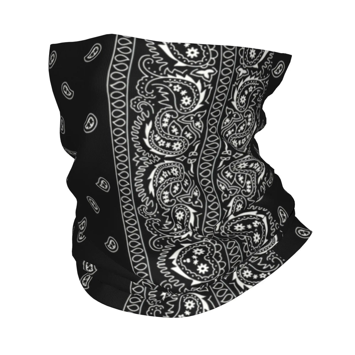 Bandana cuello protector estilo chicano negro con intrincados patrones blancos
