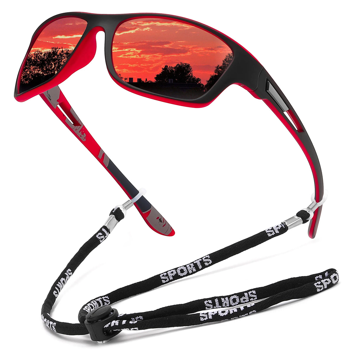 A pair of red-framed polarized sunglasses with a sunset reflection on the lenses and an adjustable strap.